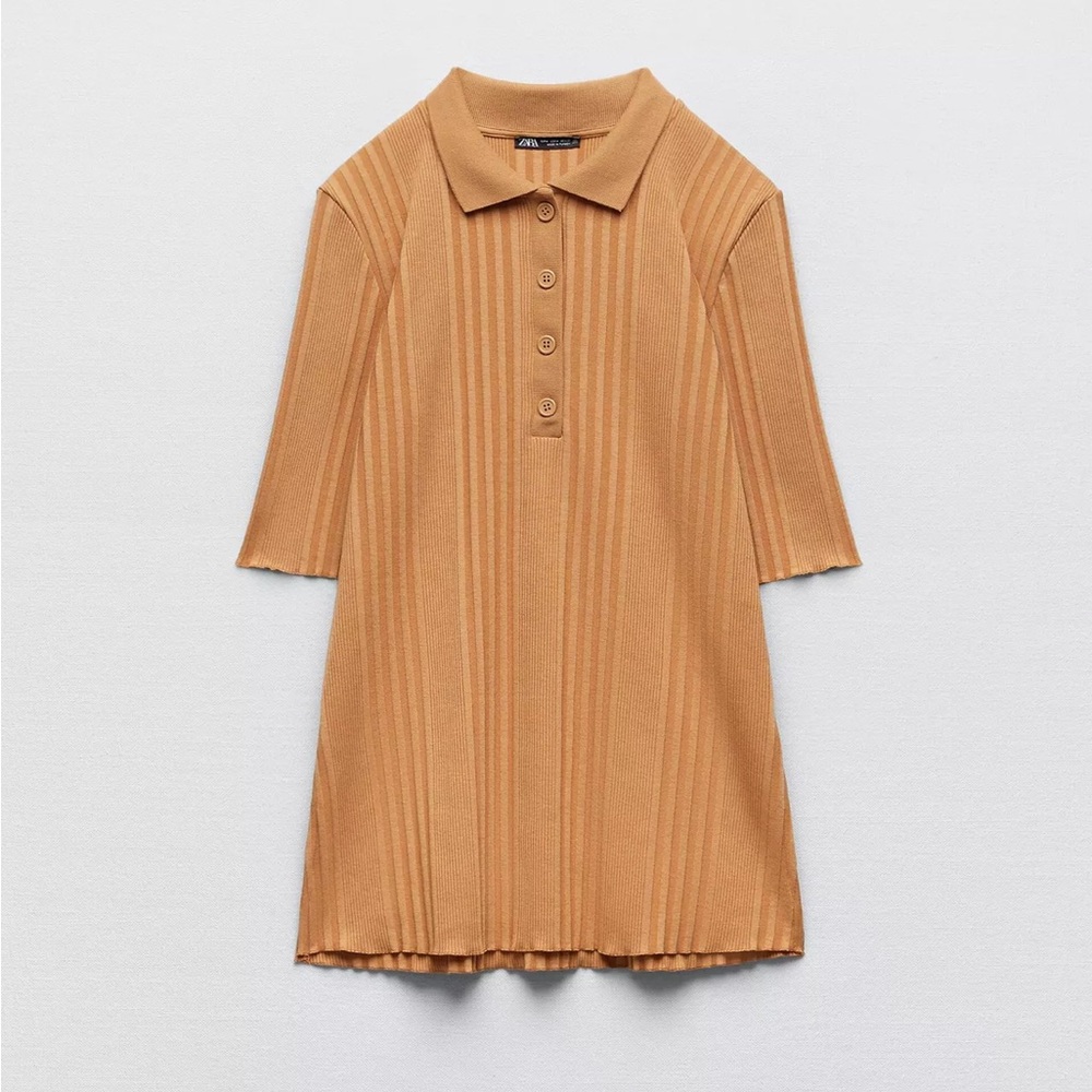 Zara Ribbed Co-ord set Tan Polo Shirt with Striped Texture and midi skirt